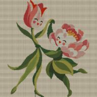 tulip-dances-with-peony full cross stitch design mockup without frame, realistic embroidery preview