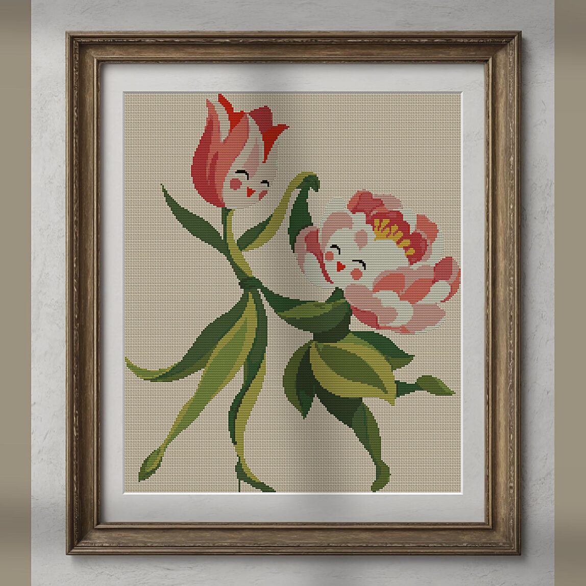 tulip-dances-with-peony alternative framed mockup tulip-dances-with-peony alternative framed cross stitch mockup, realistic finished embroidery presentation