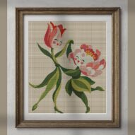 tulip-dances-with-peony alternative framed cross stitch mockup, realistic finished embroidery presentation