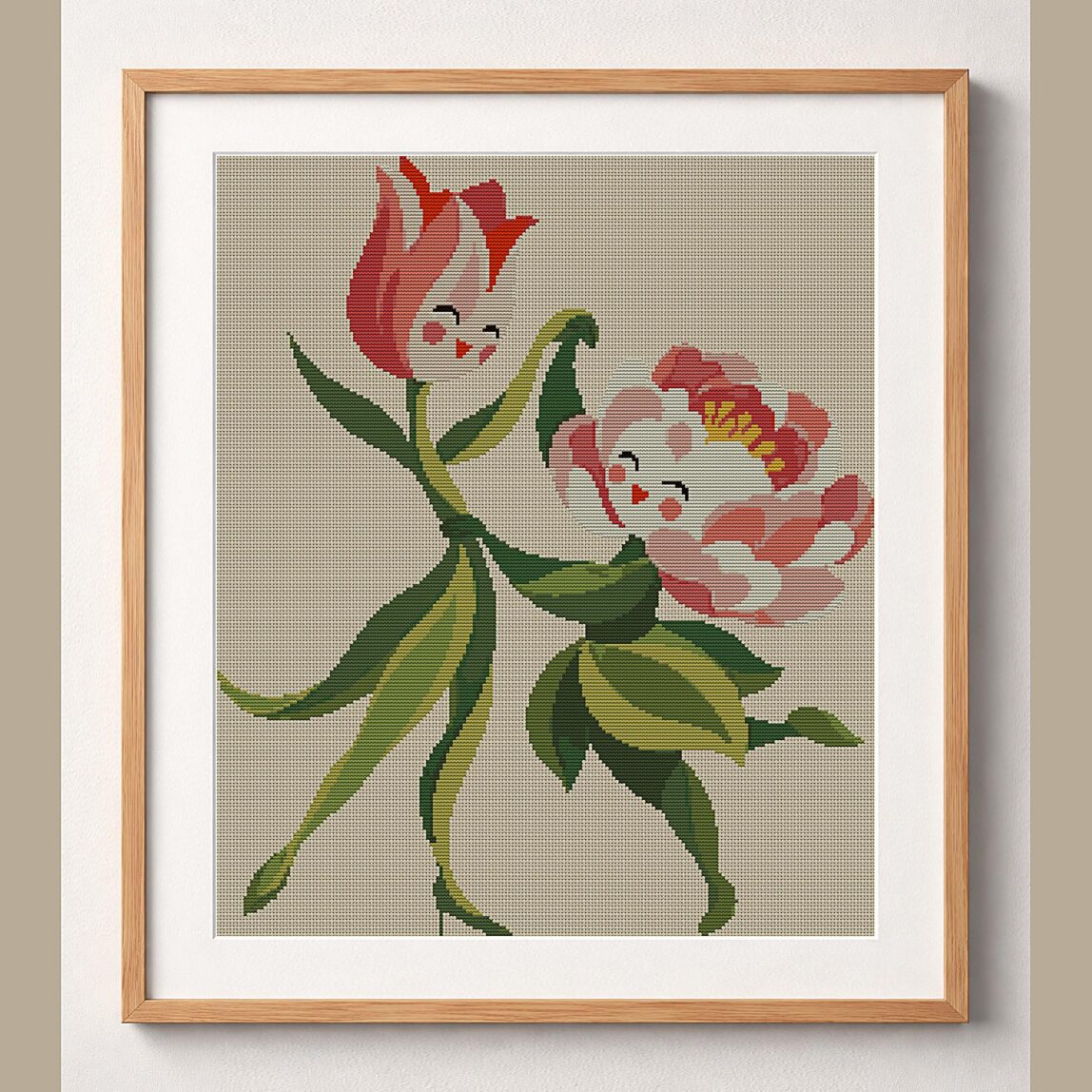tulip-dances-with-peony framed cross stitch mockup tulip-dances-with-peony framed cross stitch mockup, realistic finished embroidery design, PDF pattern digital download