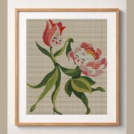 tulip-dances-with-peony framed cross stitch mockup, realistic finished embroidery design, PDF pattern digital download