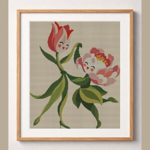 tulip-dances-with-peony framed cross stitch mockup, realistic finished embroidery design, PDF pattern digital download