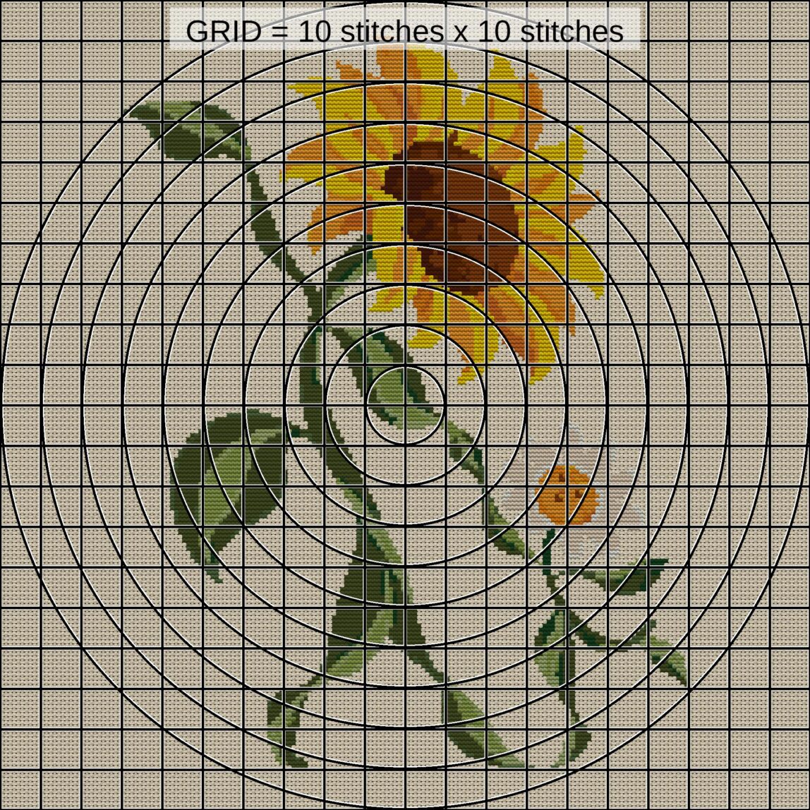sunflower-dances-with-dai zoomed stitching detail sunflower-dances-with-dai close-up cross stitch detail showing color changes, confetti areas and stitch texture