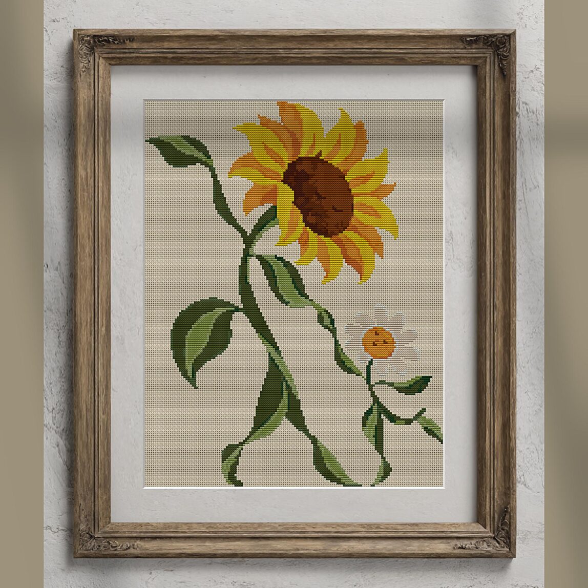 sunflower-dances-with-dai alternative framed mockup sunflower-dances-with-dai alternative framed cross stitch mockup, realistic finished embroidery presentation