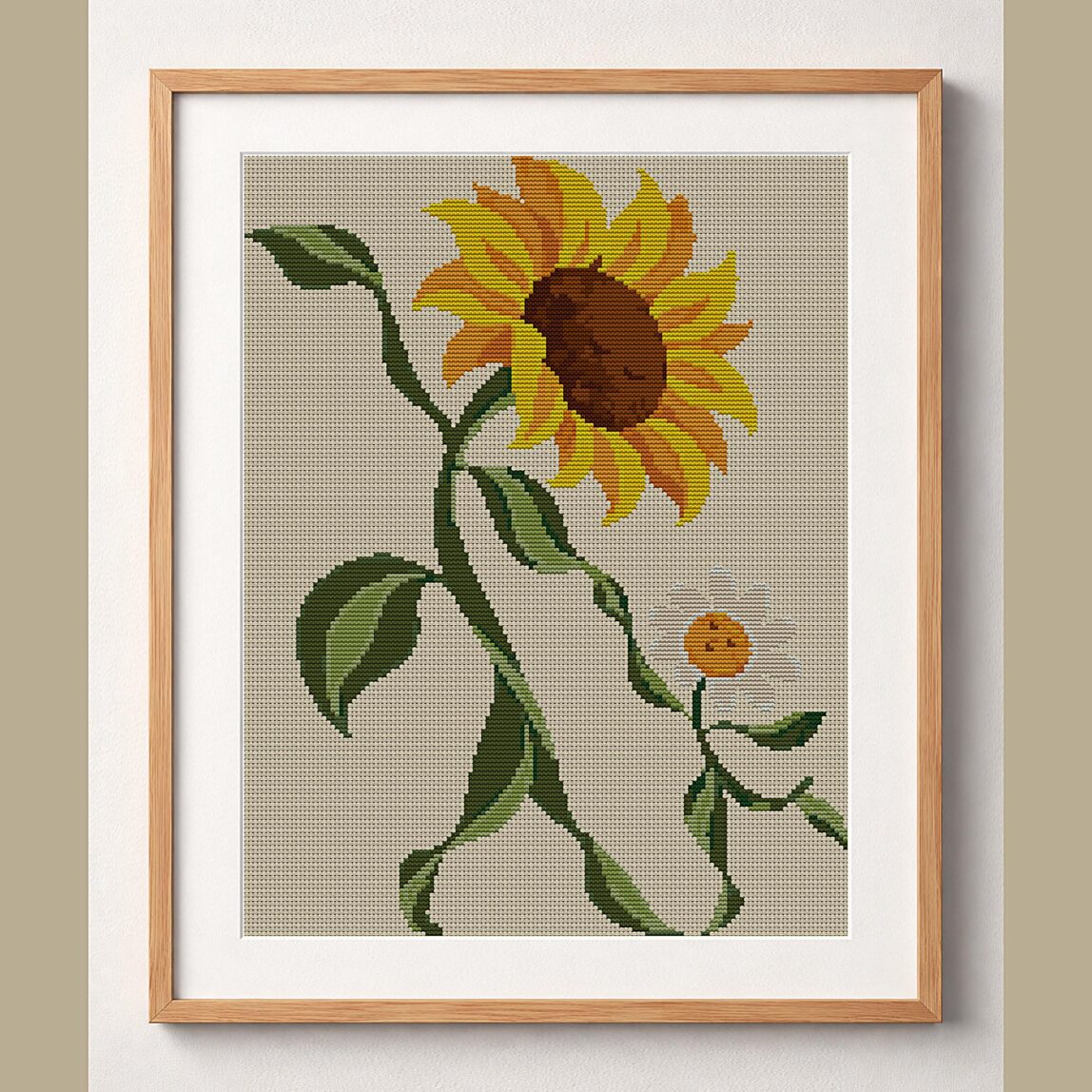 sunflower-dances-with-dai framed cross stitch mockup sunflower-dances-with-dai framed cross stitch mockup, realistic finished embroidery design, PDF pattern digital download