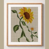 sunflower-dances-with-dai framed cross stitch mockup, realistic finished embroidery design, PDF pattern digital download