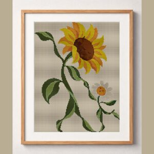 sunflower-dances-with-dai framed cross stitch mockup, realistic finished embroidery design, PDF pattern digital download