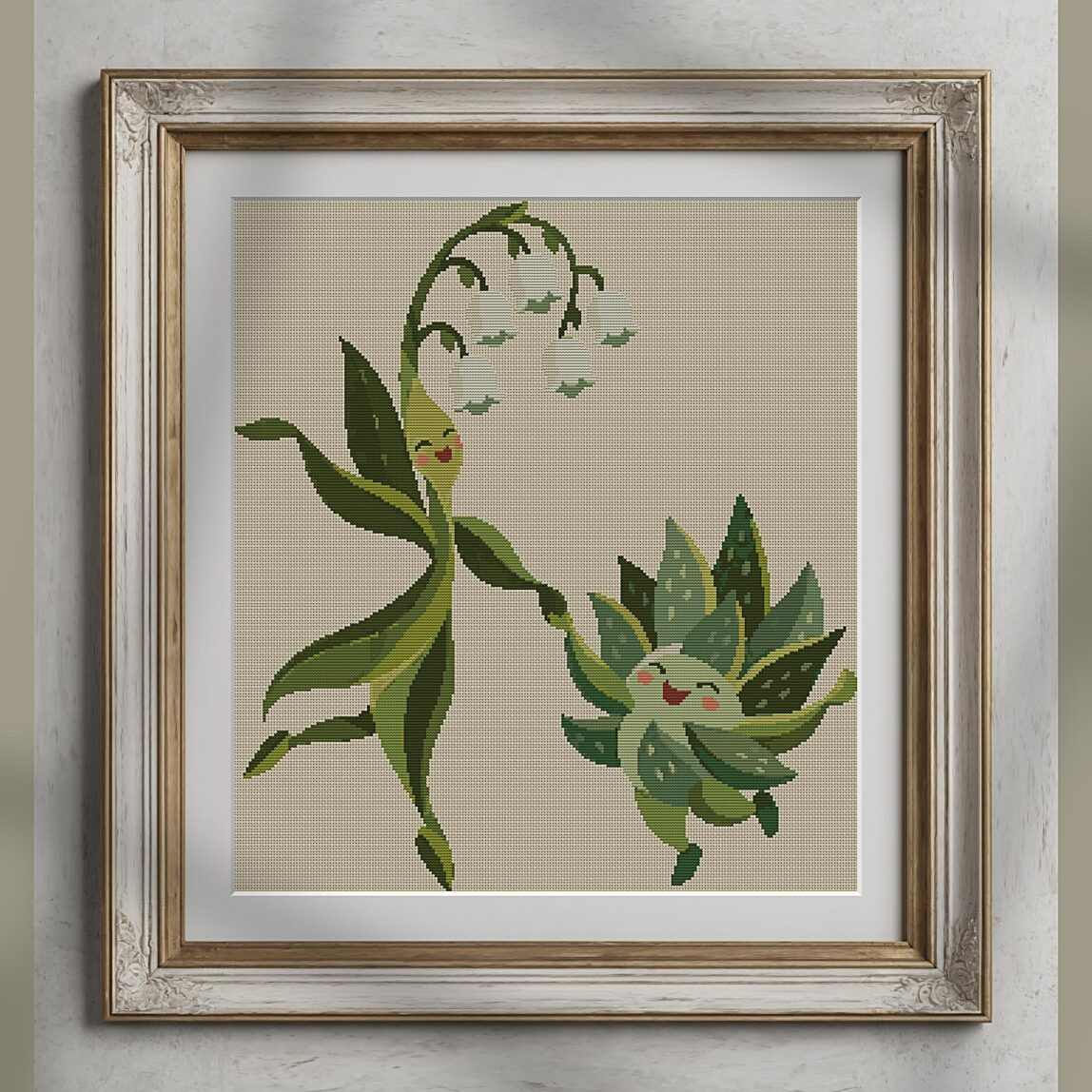 snowdrop-dance alternative framed cross stitch mockup, realistic finished embroidery presentation