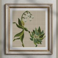 snowdrop-dance alternative framed cross stitch mockup, realistic finished embroidery presentation