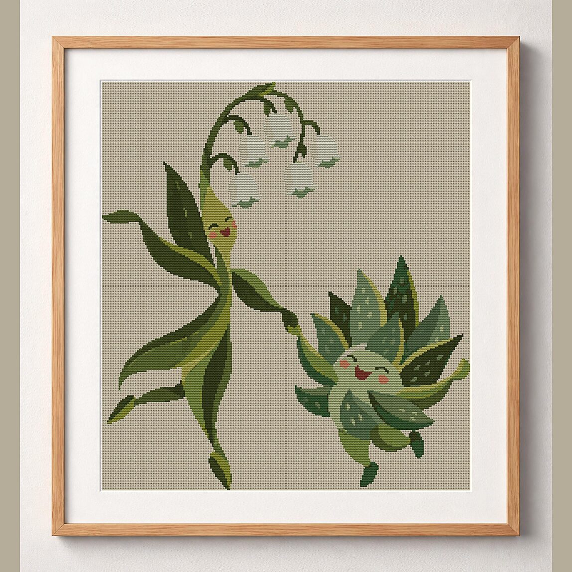 snowdrop-dance framed cross stitch mockup, realistic finished embroidery design, PDF pattern digital download