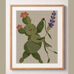prickly-pear-dances-with framed cross stitch mockup, realistic finished embroidery design, PDF pattern digital download