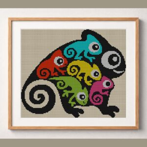 chameleon-colorful-art framed cross stitch mockup, realistic finished embroidery design, PDF pattern digital download