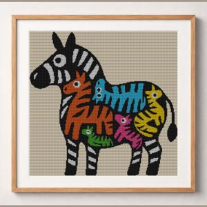 zebra-colorful-art framed cross stitch mockup, realistic finished embroidery design, PDF pattern digital download