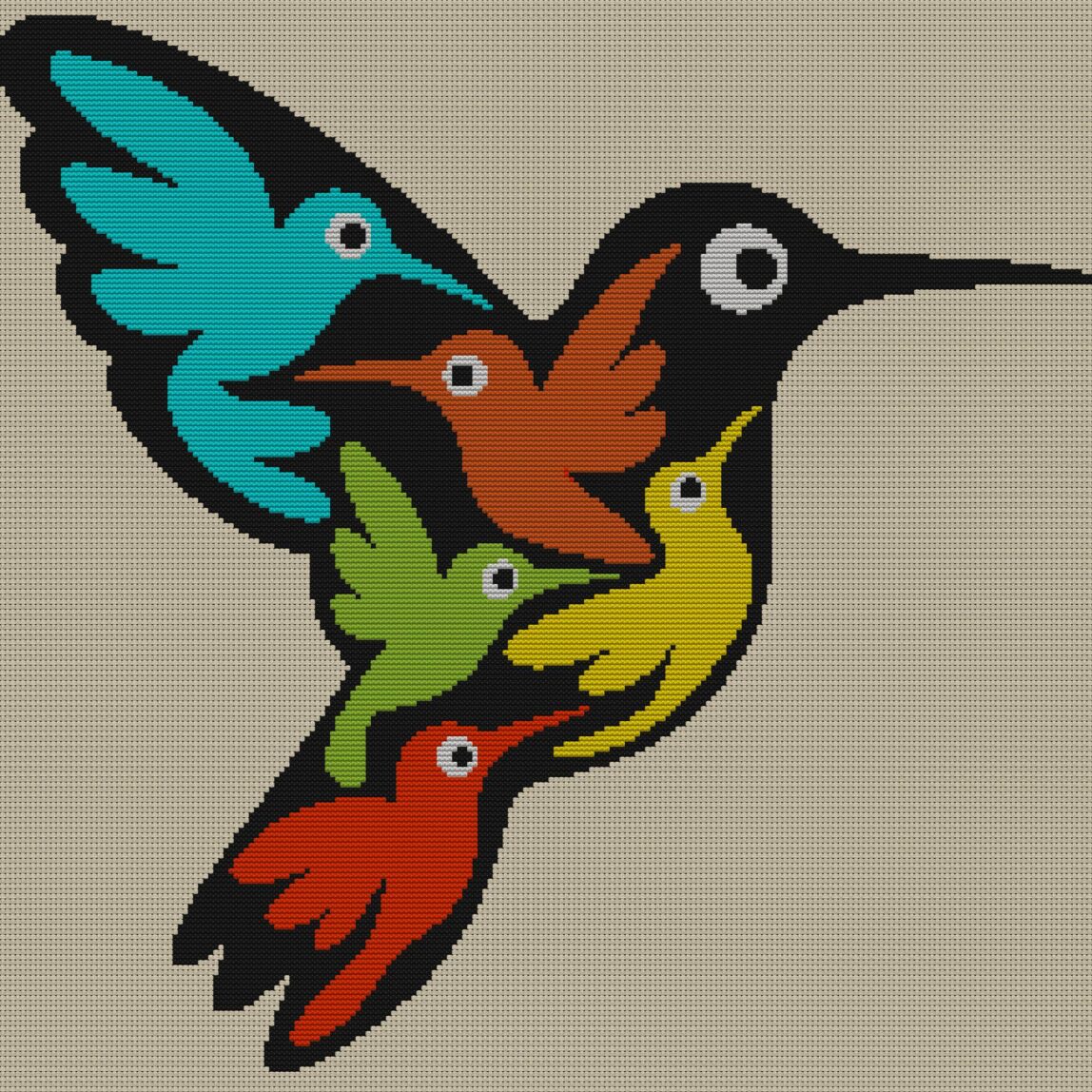 hummingbird-colorful-art full design mockup without frame hummingbird-colorful-art full cross stitch design mockup without frame, realistic embroidery preview