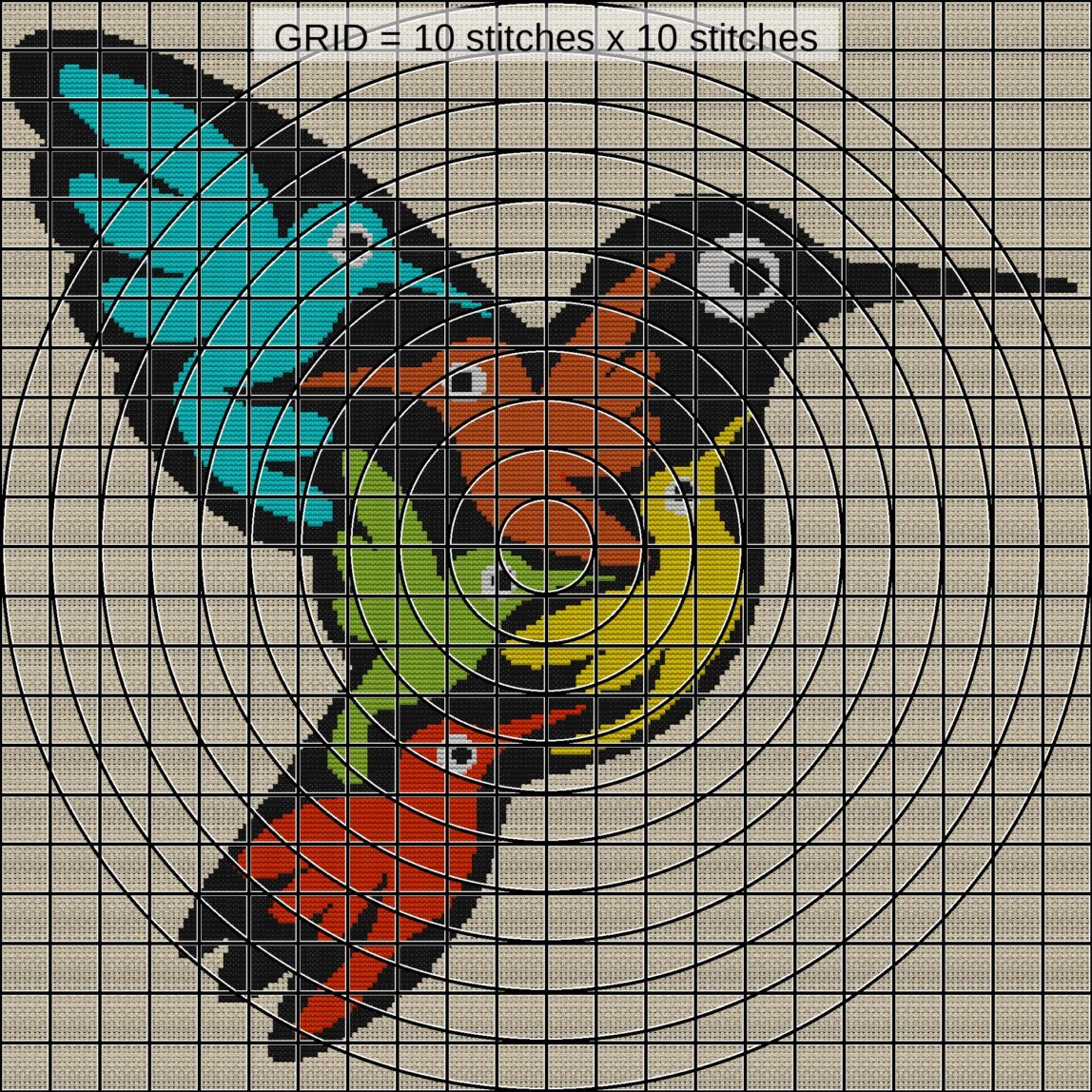 hummingbird-colorful-art zoomed stitching detail hummingbird-colorful-art close-up cross stitch detail showing color changes, confetti areas and stitch texture