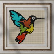 hummingbird-colorful-art alternative framed cross stitch mockup, realistic finished embroidery presentation