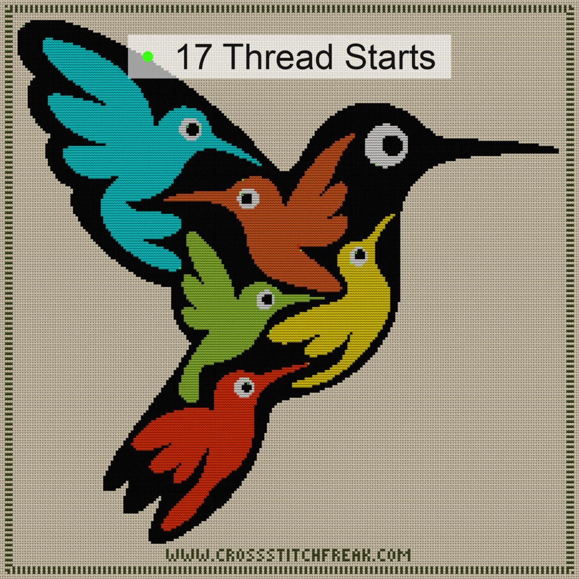 hummingbird-colorful-art thread start point map hummingbird-colorful-art cross stitch start point map with highlighted thread start positions in the full design