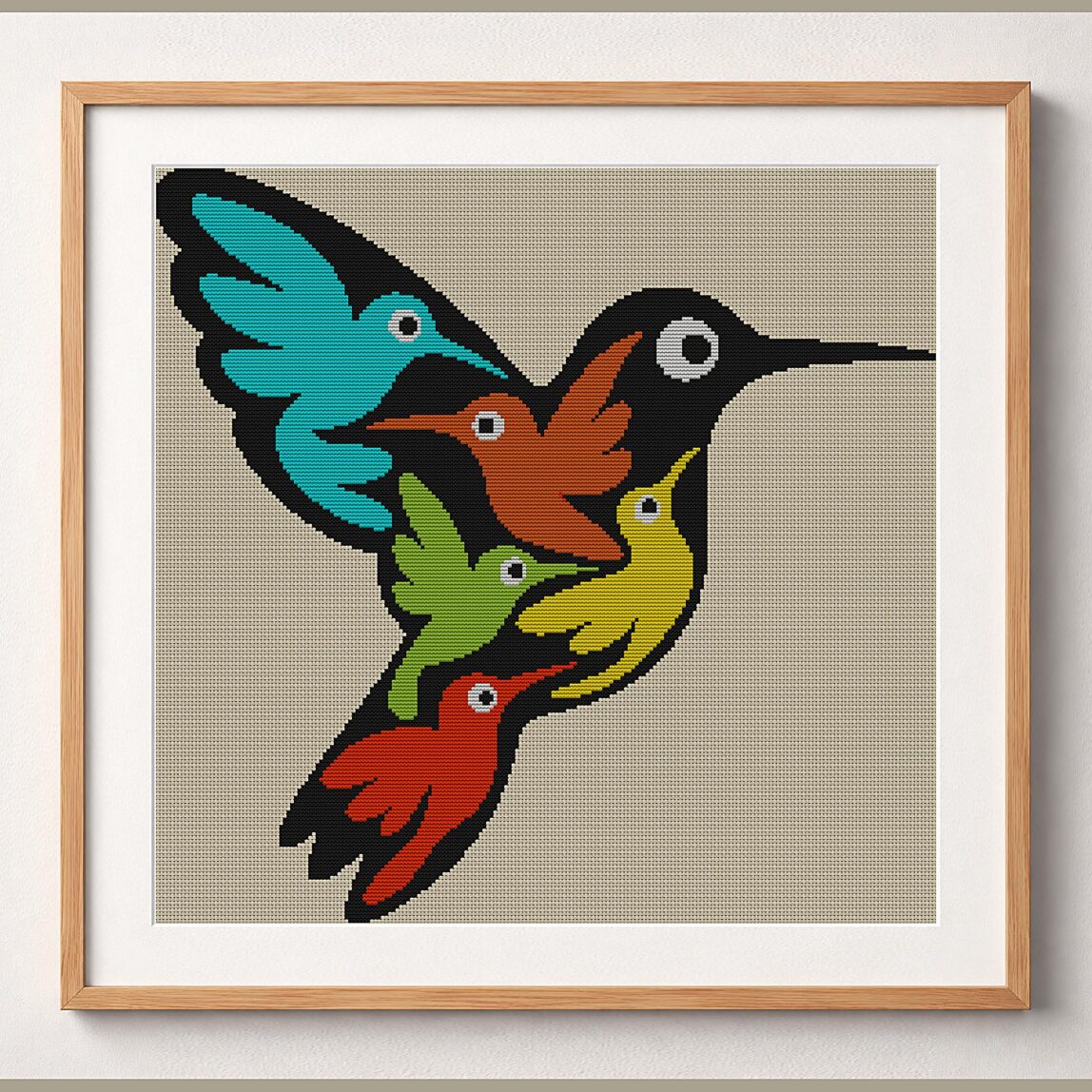 hummingbird-colorful-art framed cross stitch mockup hummingbird-colorful-art framed cross stitch mockup, realistic finished embroidery design, PDF pattern digital download