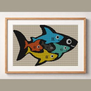 shark-colorful-art framed cross stitch mockup, realistic finished embroidery design, PDF pattern digital download