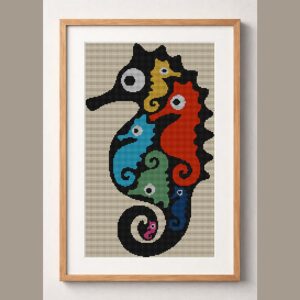 seahorse-colorful-art framed cross stitch mockup, realistic finished embroidery design, PDF pattern digital download