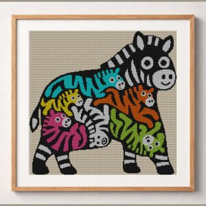 zebra-family-art framed cross stitch mockup, realistic finished embroidery design, PDF pattern digital download