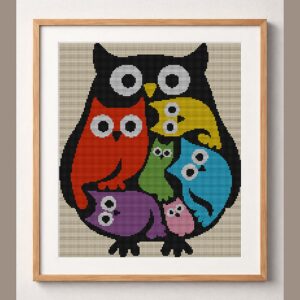 owl-colorful-art framed cross stitch mockup, realistic finished embroidery design, PDF pattern digital download