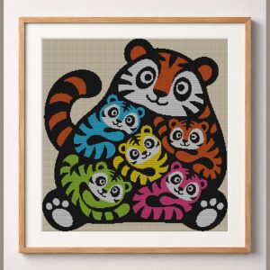 tiger-colorful-art framed cross stitch mockup, realistic finished embroidery design, PDF pattern digital download
