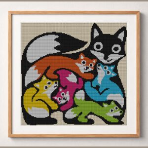 fox-family-art framed cross stitch mockup, realistic finished embroidery design, PDF pattern digital download