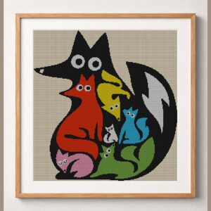 fox-colorful-art framed cross stitch mockup, realistic finished embroidery design, PDF pattern digital download
