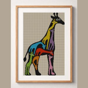 giraffe-colorful-art framed cross stitch mockup, realistic finished embroidery design, PDF pattern digital download