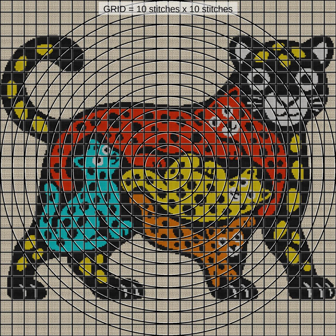 leopard-colorful-art zoomed stitching detail leopard-colorful-art close-up cross stitch detail showing color changes, confetti areas and stitch texture