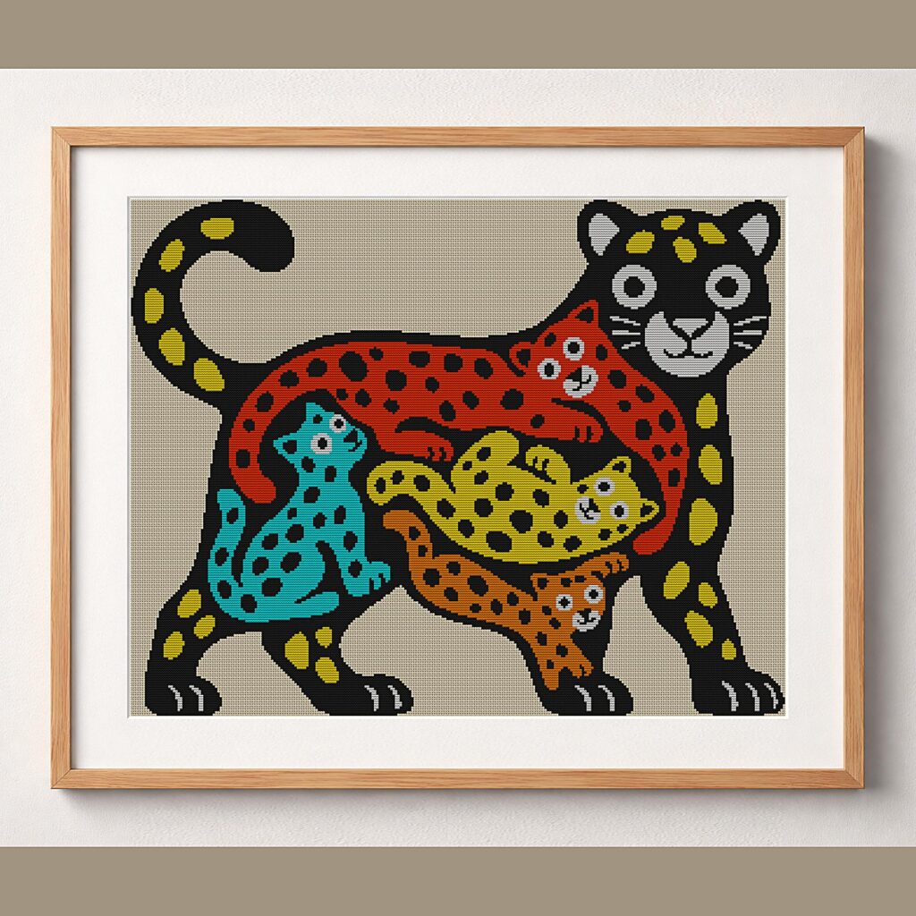 leopard-colorful-art framed cross stitch mockup, realistic finished embroidery design, PDF pattern digital download