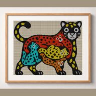 leopard-colorful-art framed cross stitch mockup, realistic finished embroidery design, PDF pattern digital download