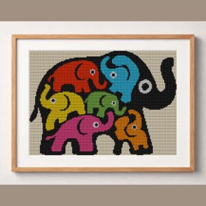 elephant-colorful-art framed cross stitch mockup, realistic finished embroidery design, PDF pattern digital download