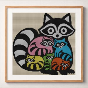 raccoon-colorful-art framed cross stitch mockup, realistic finished embroidery design, PDF pattern digital download