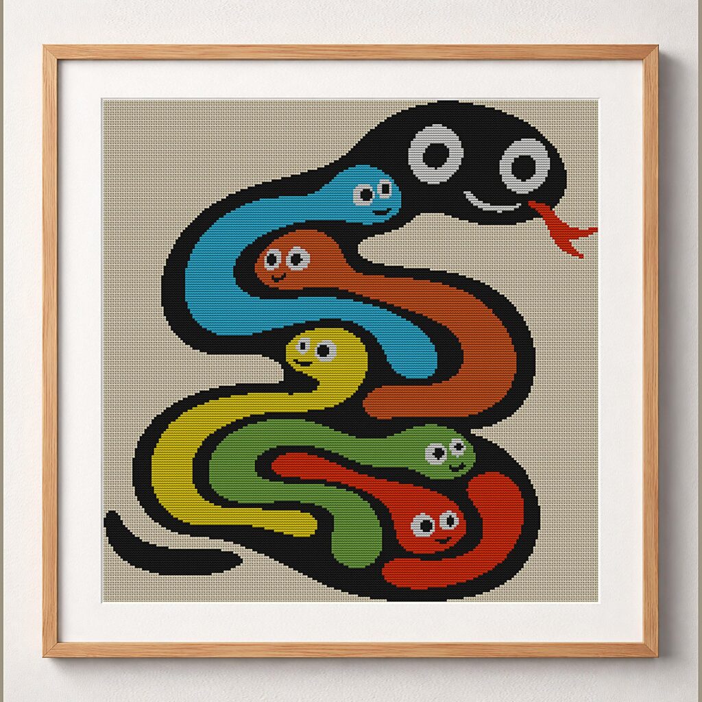 snake-colorful-art framed cross stitch mockup, realistic finished embroidery design, PDF pattern digital download