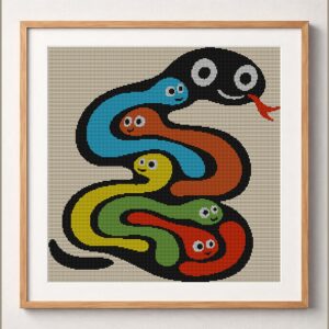 snake-colorful-art framed cross stitch mockup, realistic finished embroidery design, PDF pattern digital download